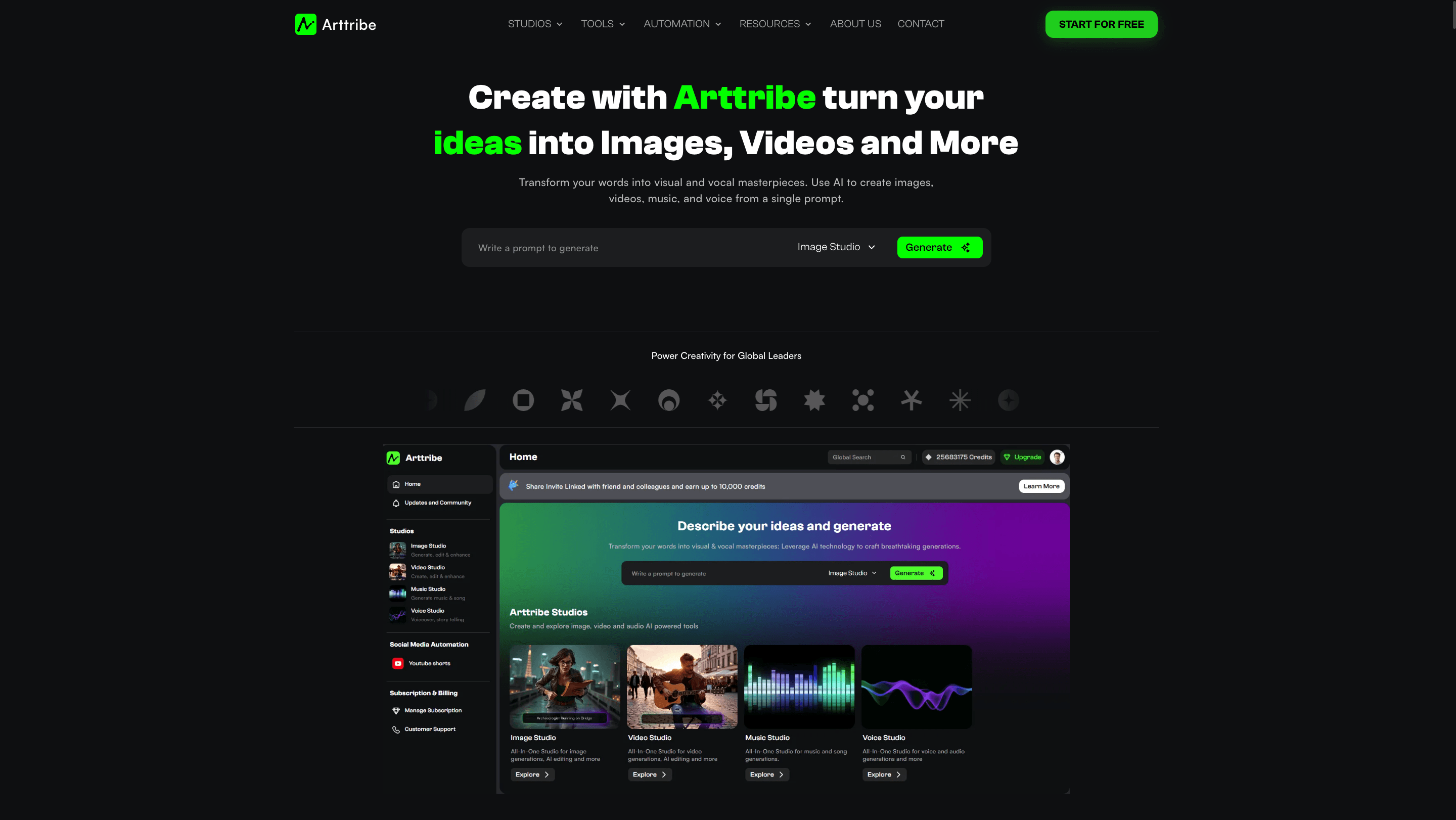 Arttribe homepage and app home, with Image, Video, Music, and Voice studios