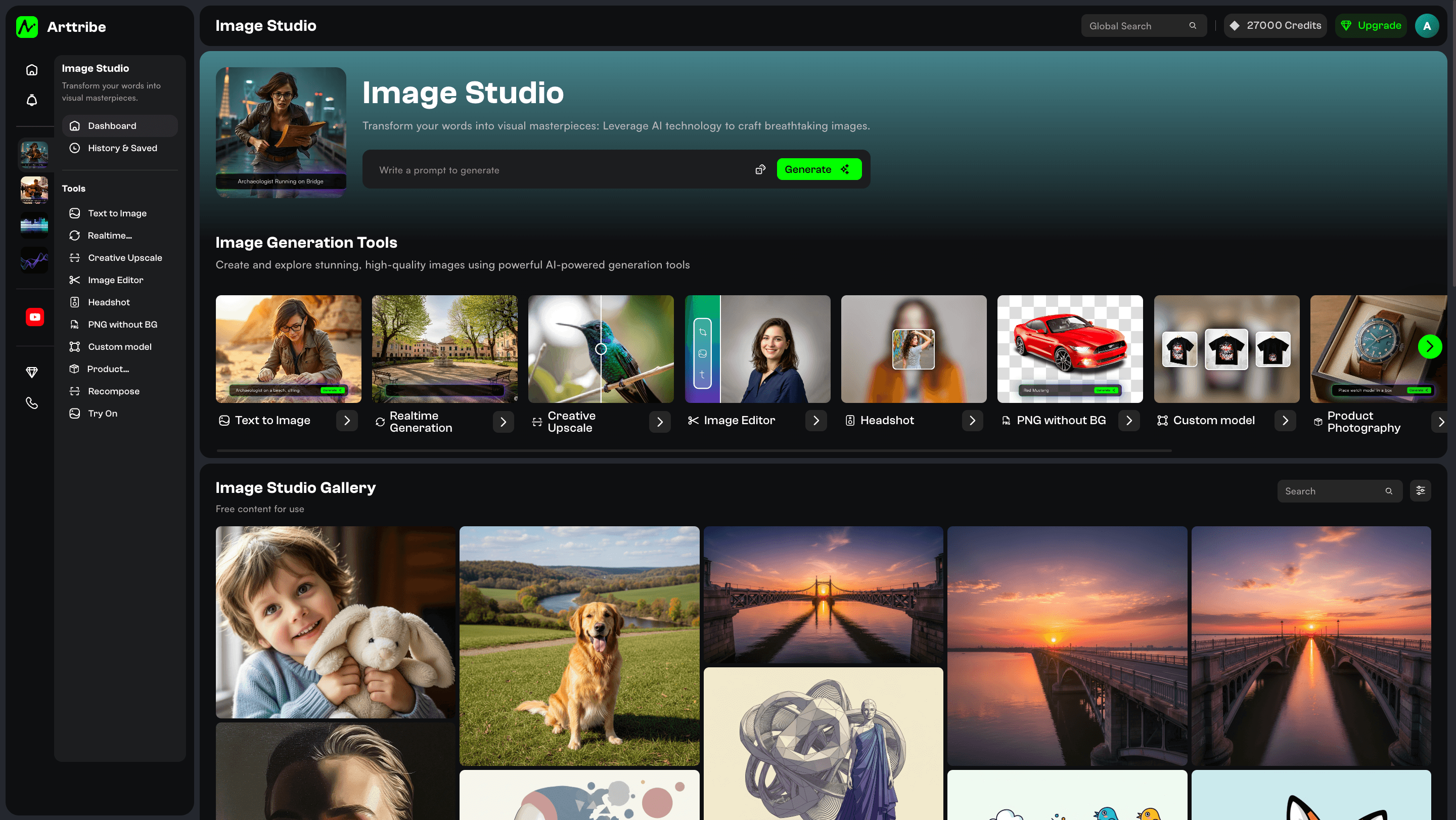 Arttribe Image Studio with text-to-image, upscale, editor, headshot, and product photography tools