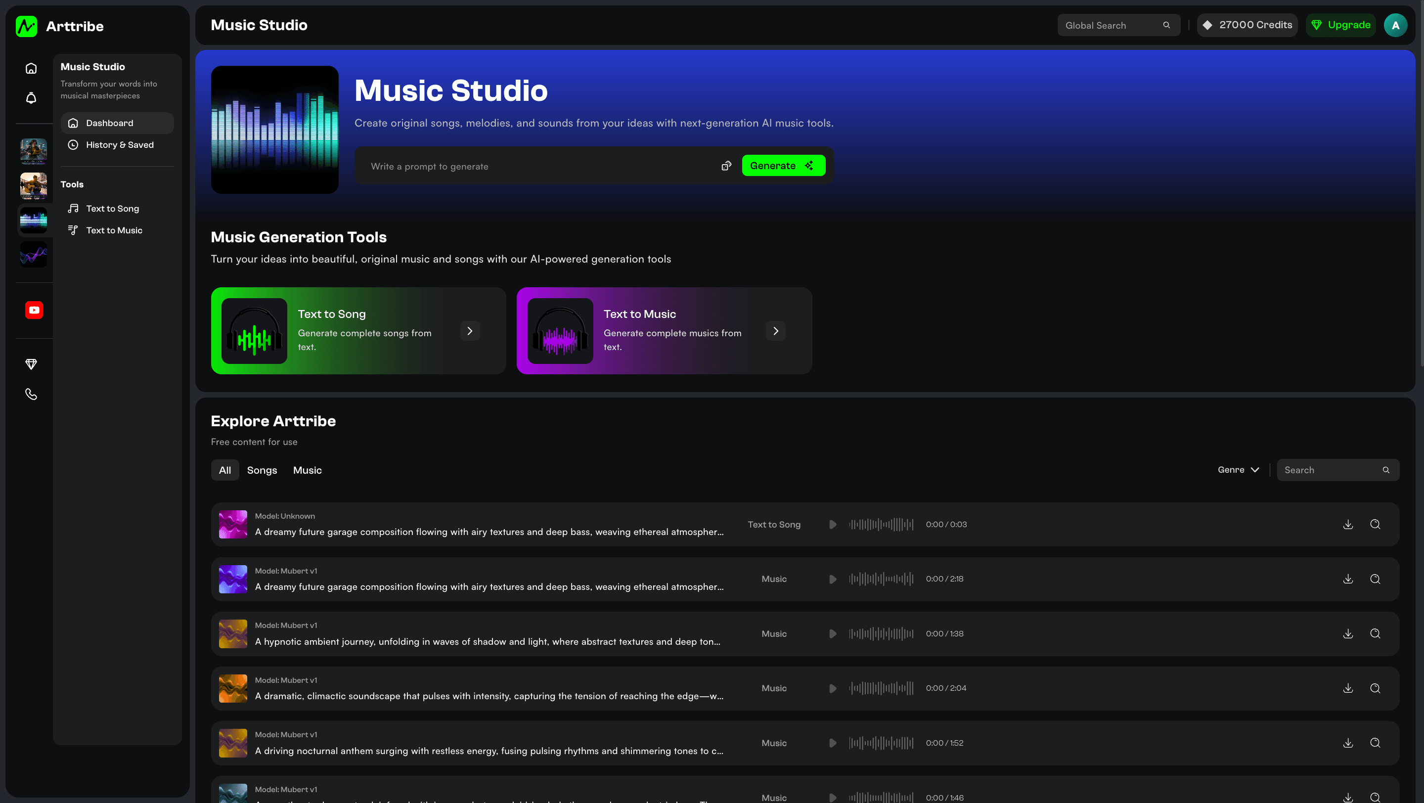 Arttribe Music Studio with text-to-song, text-to-music, and a library of generated tracks