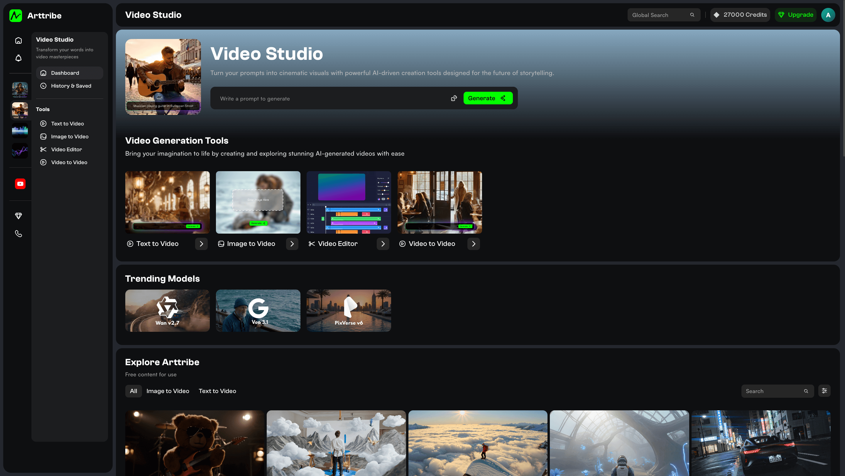 Arttribe Video Studio with text-to-video, image-to-video, a video editor, and video-to-video
