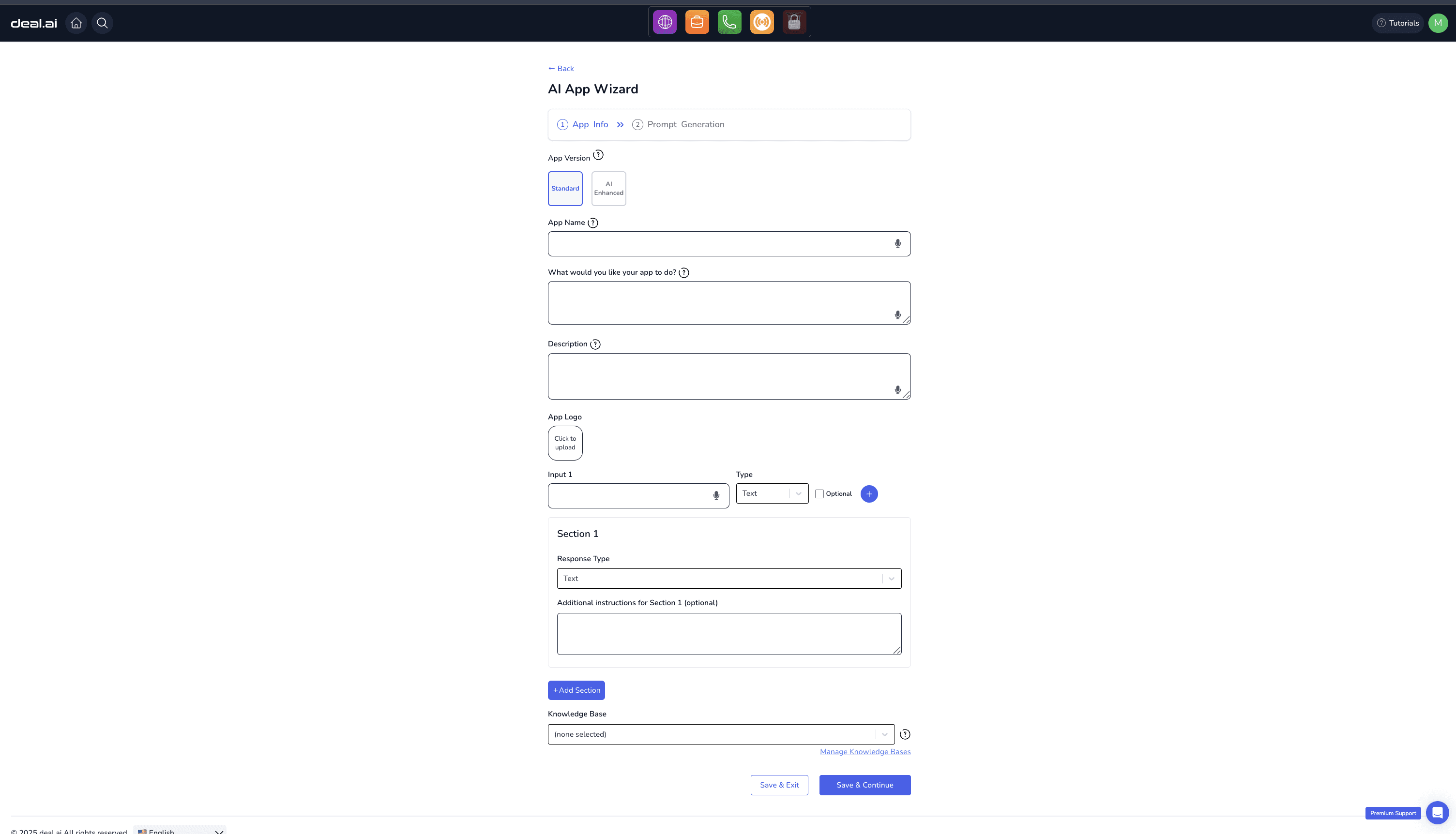 The AI App Wizard form: app name, purpose, inputs and generated sections