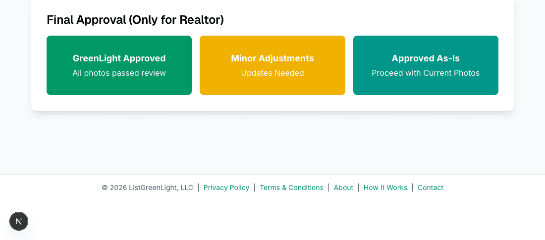 Realtor final approval with GreenLight Approved, Minor Adjustments, and Approved As-Is