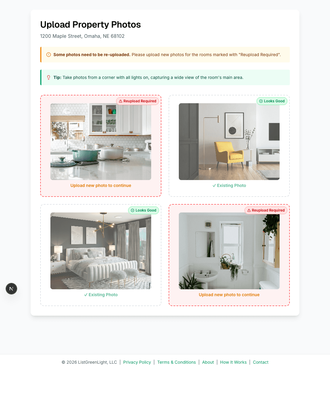 Upload grid with kitchen and bathroom marked reupload required, and living room and bedroom marked looks good