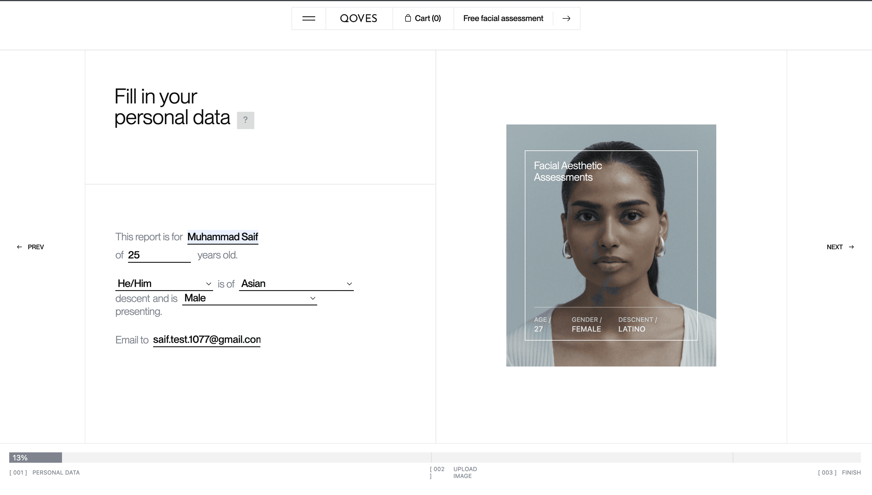 Assessment software analysing facial regions on an uploaded image